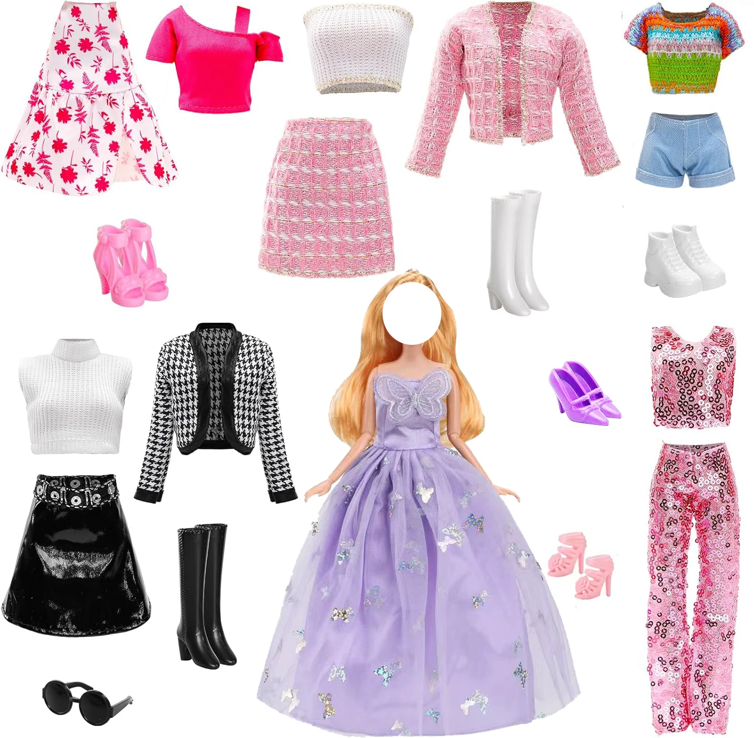 

Набор из 13 предметов: кукла 11,5 дюймов для девочек с шикарными костюмами, платьями, нарядами с пайетками, стильными платьями, 6 парами обуви, аксессуарами для кукол.