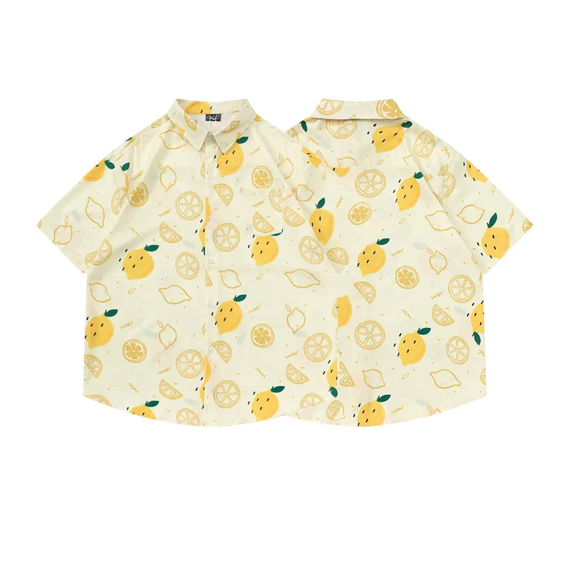 Sycpman Fun Lemon Print Short Sleeve Shirts for Men Summer Loose Casual Versatile Shirt Streetwear