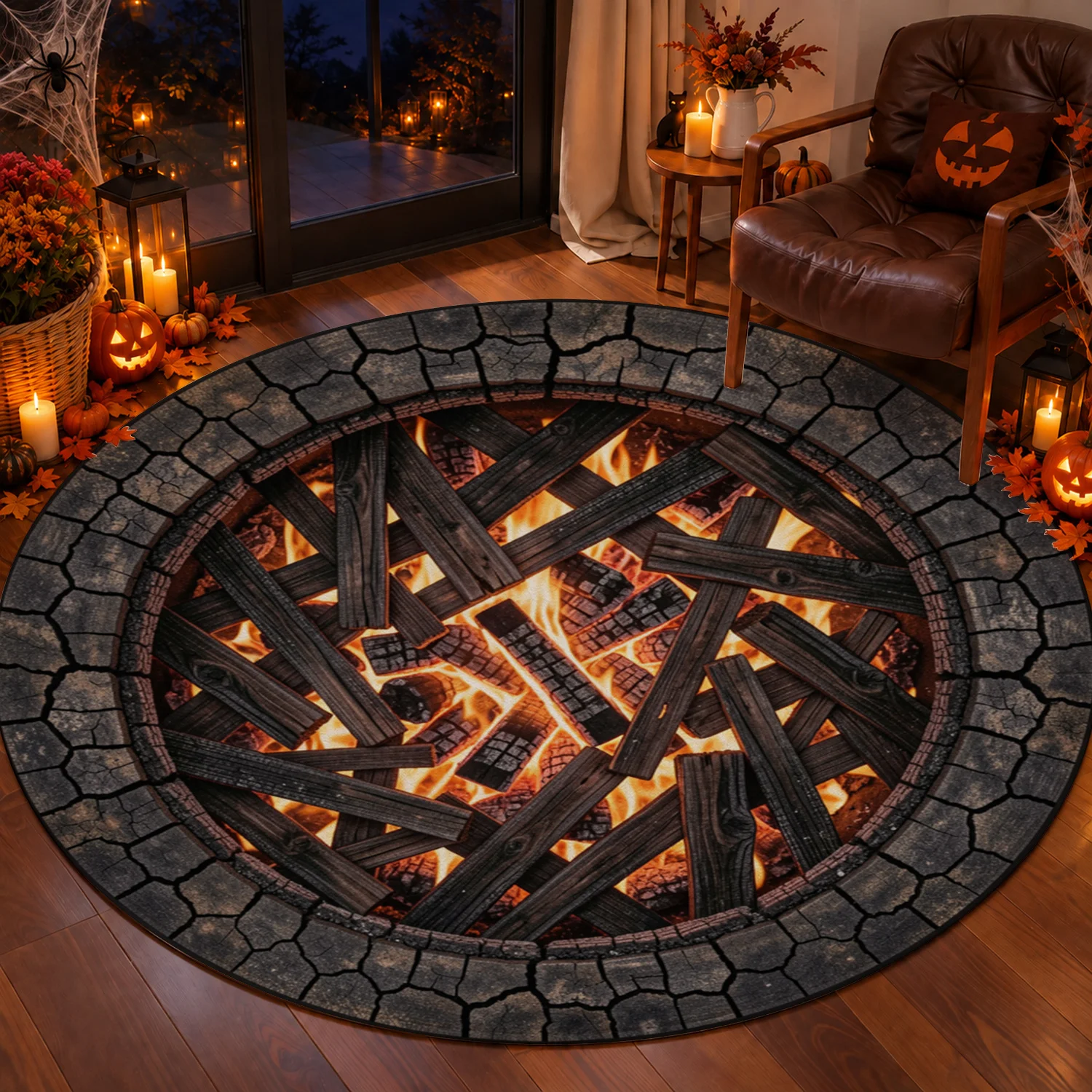 Circular Burning Wood Fire Pit Pattern Round Area Rug Velvet Machine Washable Living Room Patio Balcony Halloween Thanksgiving Black Friday Christmas New Year