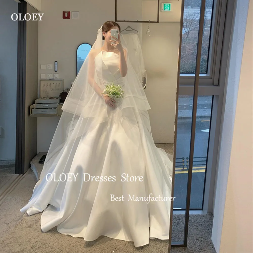 

OLOEY Simple Satin A Line Wedding Dresses Korea Photoshoot Strapless Corset Back Bridal Gowns Custom Made Long Veil 2024