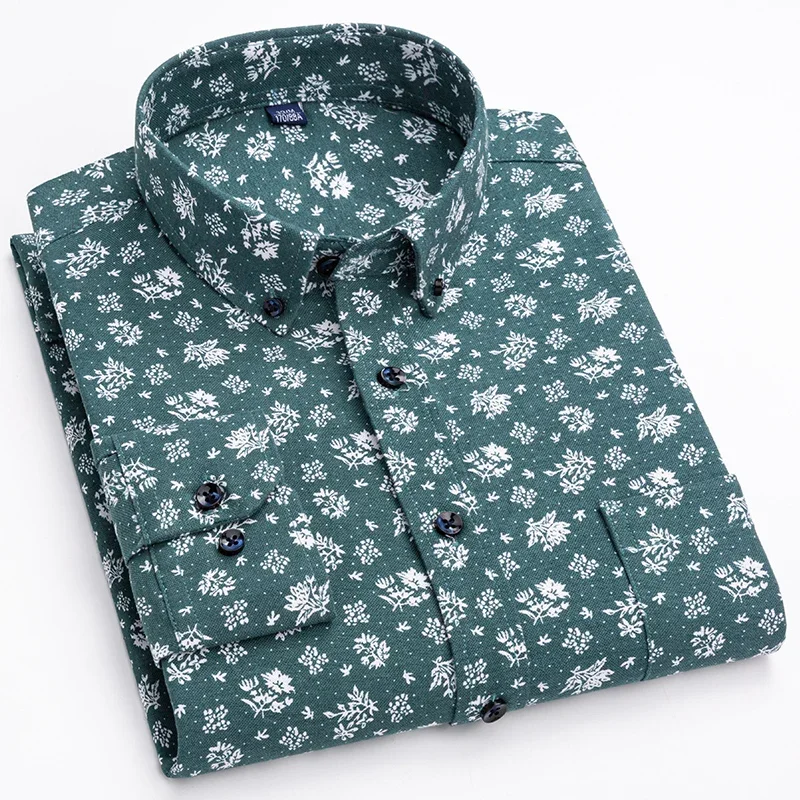 Men’s 100% Cotton Long Sleeve Shirts Vintage Floral Print Breathable Office Dress Shirt Casual Fashion Standard Workwear Shirts