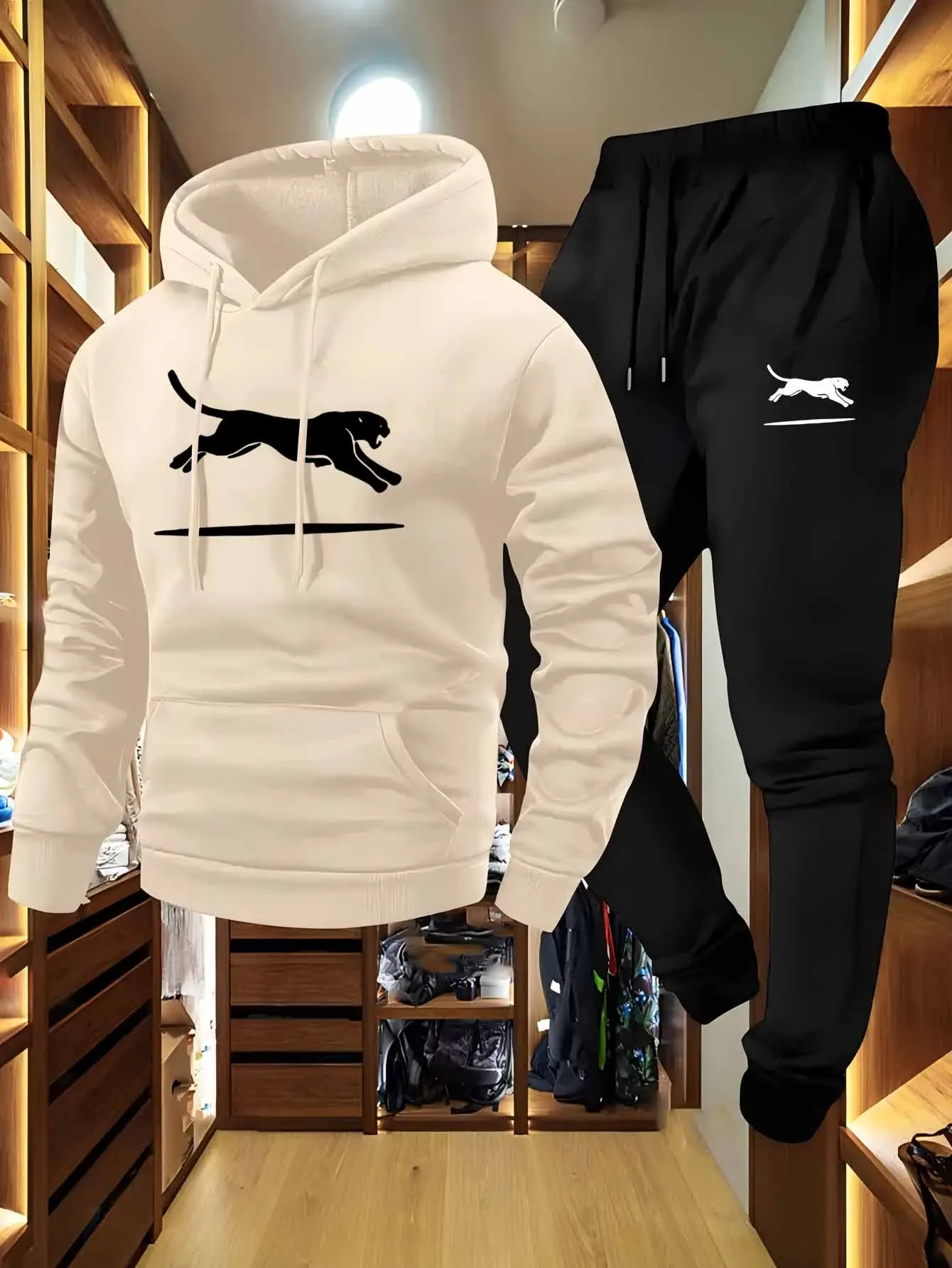 

Men'S Casual Cargo Sweatshirt & Jogger Set-Black with White Leopard Print Drawstring Hooded Pullover, Multiple Pockets Loose Fit