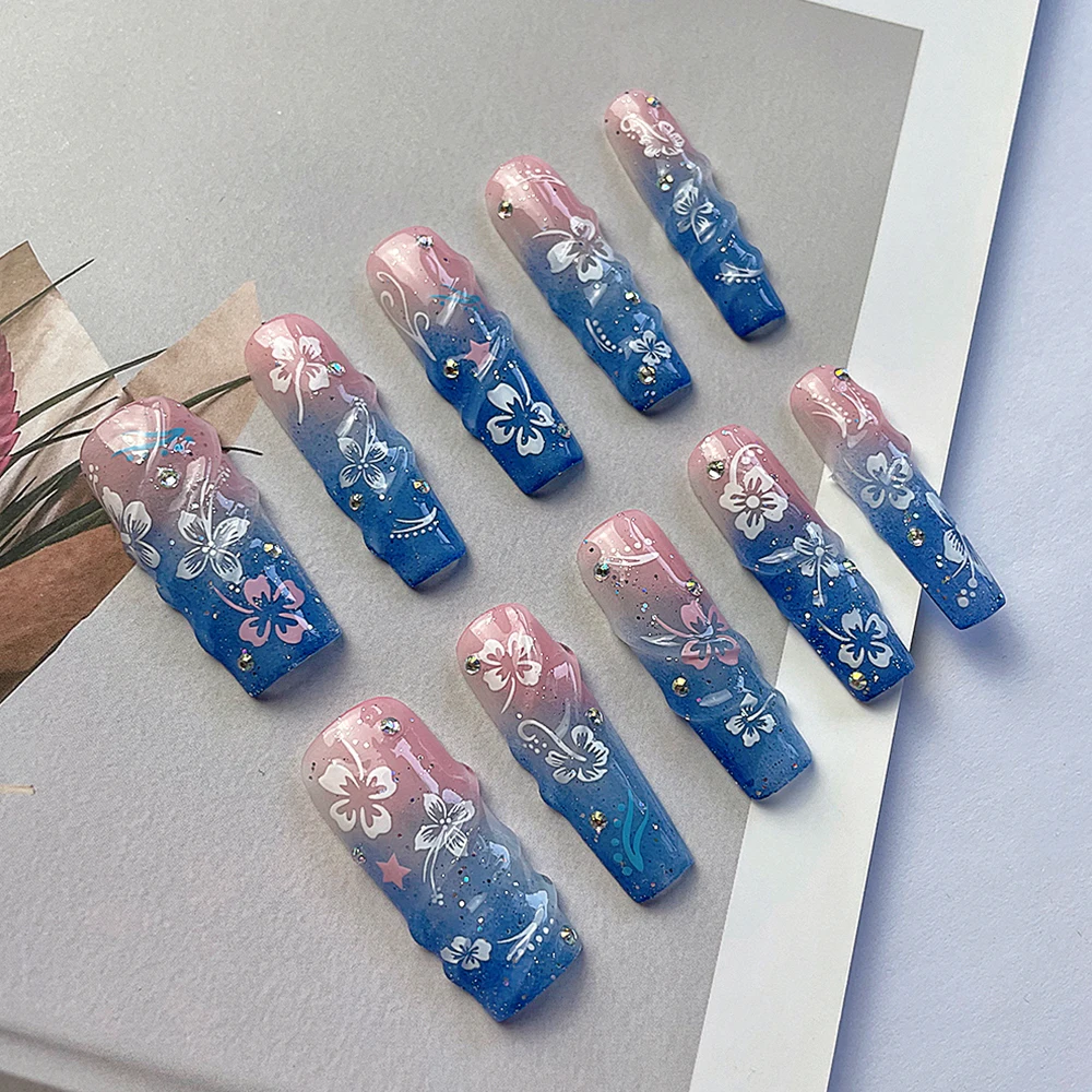 

Diy Flower Hottie Handmade Long Square Press On Nails Pink Blue Gradient Sparkly Diamond Wearable Art Nail Bracelet Ring Set