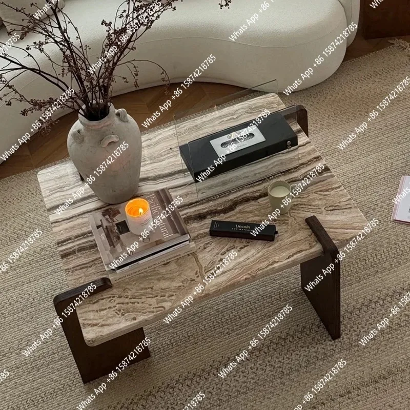 French Wabi-Sabi Travertine Table, Mid-Century Cream Coffee Table, Heat & Scratch Resistant, Natural Veining, Customizable