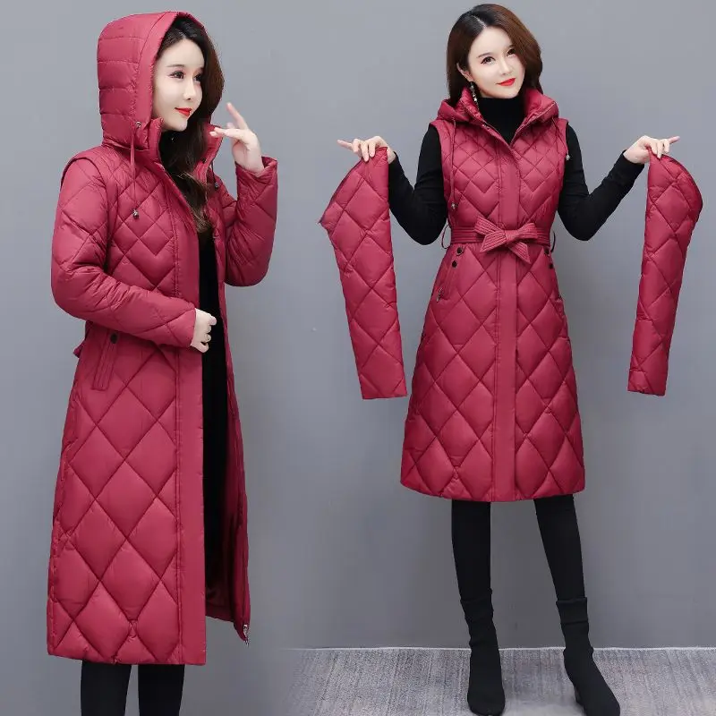 Jaket mantel bertudung katun wanita, jaket mantel hangat bertudung 23 baru untuk wanita, mantel panjang setengah musim dingin ramping lengan bisa dilepas