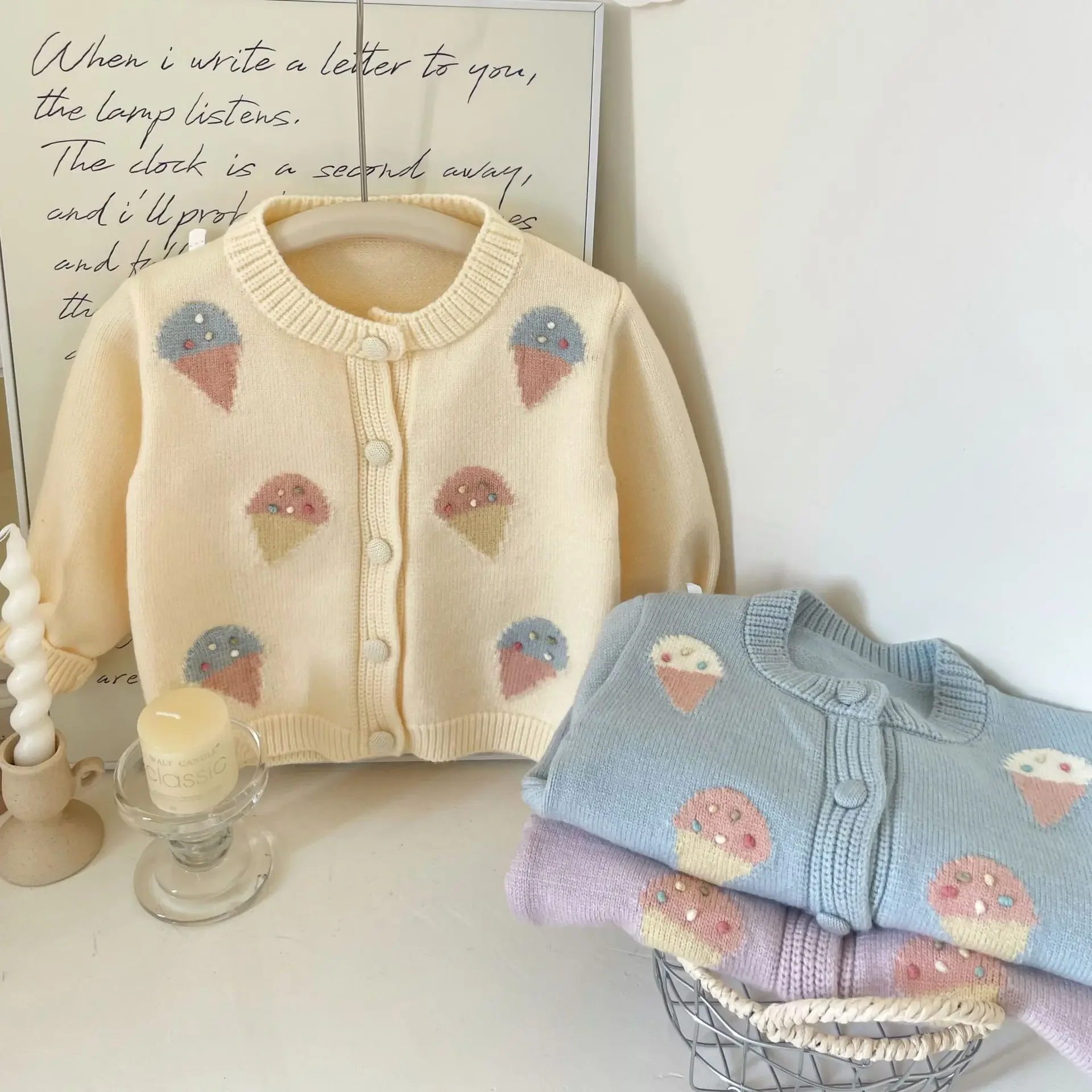

2025 New Cute Girls' Sweater Pure Color Ice-Cream Cartoon Knitted Cardigan Acrylic Spring & Autumn Kids Outwear