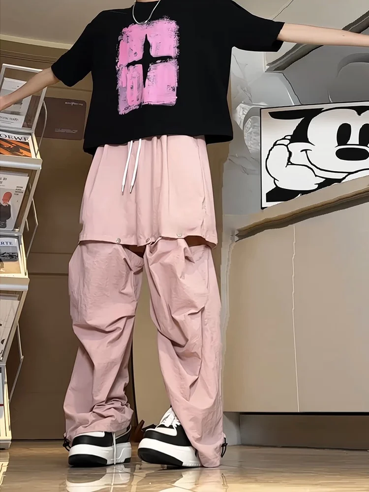 

Pink Paratrooper Workwear Pants Men's Summer Design Sensation Two-Way Wear Detachable Ice Silk Qui Dry f-Length Pants