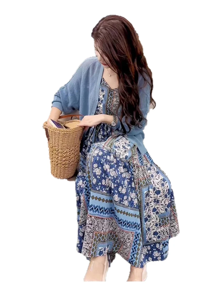 Set Rajutan Biru Ele Musim Semi, Gaun Panjang Wanita Ukuran Kecil, Gaun High End untuk Istirahat Teh, Gaun Midi A-Line, Gaun Kasual Chic