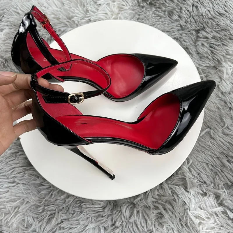 Red Lining Pointed Closed-Toe Women's Pumps Black Patent Leather Sandals Female 12cm Thin Super High Heels Buckle Strap Shoes DE