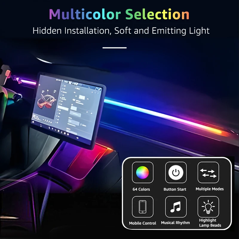 78.74in 200cm LED Car Ambient Light Front Windshield Dashboard RGB Symphony Interior Acrylic Auto Atmosphere Lamp App Control