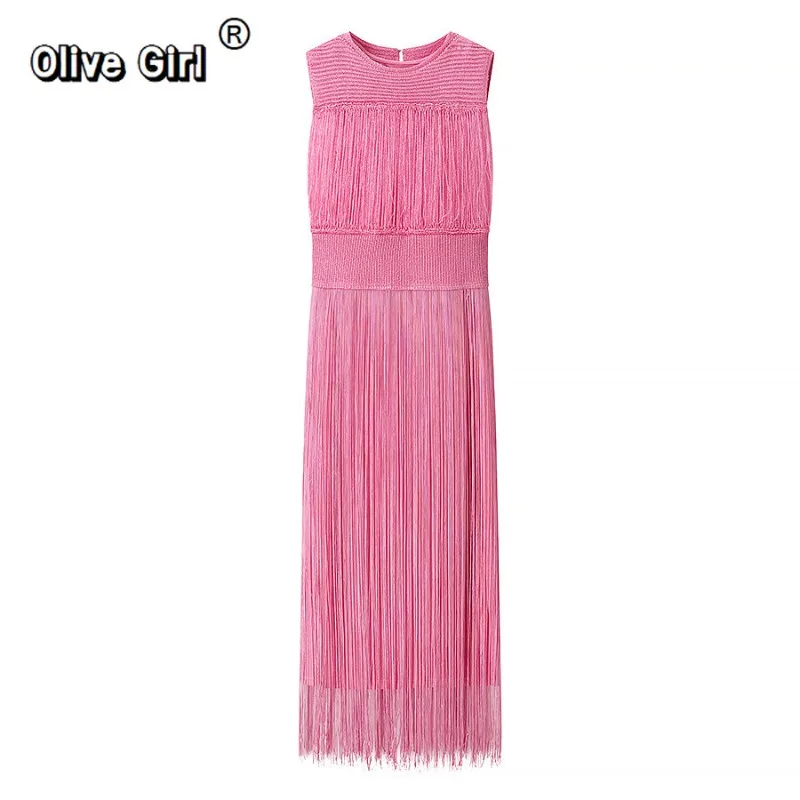 Olivegirl-vestidos sexis con cuello levantado, sin mangas, borlas, Jersey ajustado, Vestido de cintura alta, Vestido femenino para fiesta y boda