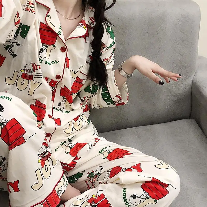 Ins Christmas Tree Snoopy Pajamas Cartoon Soft Female Cardigan Couple Long Sleeved Trousers Anime Home Service Suit Girls Gifts