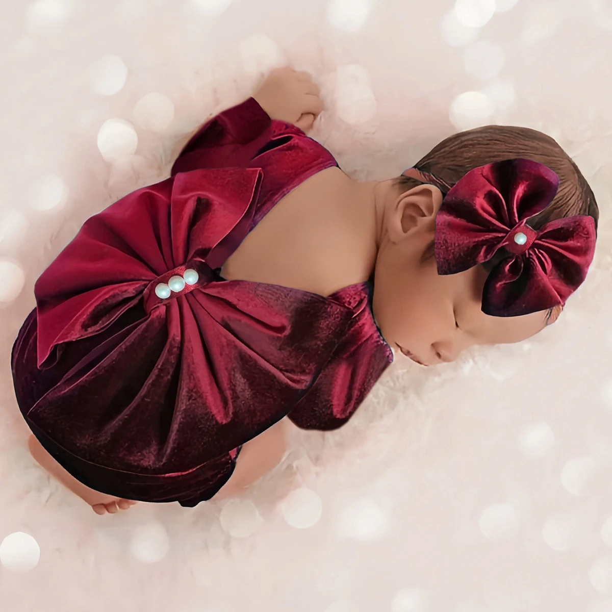 Ylsteed Newborn Photography Outfits Back Bow Velvet Romper With Headband Infant Photography Props