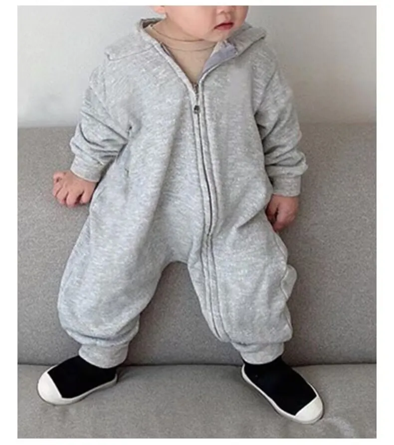 2024 Autumn Baby Girls Boys Casual Hooded One Piece Long Sleeve Rompers Infant Toddler Sports Jumpsuit Two Colors