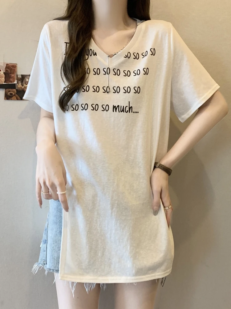 Loose V-Neck Short Sleeve T-Shirt Women's Summer Large Size Base Shirt plus Size Mid-Length Butt Covering Top Asymmetrical Pr...