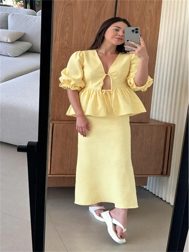 

Women 's Skirt Set V-neck Lace Up Short Bubble Sleeve Hollow Out Shirt High Waist Long Skirt Female Suit 2025 Summer Lady Outfit
