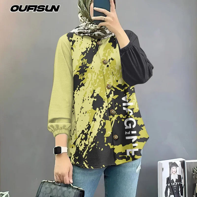 Muslimah Blouse Styles Vintage Loose Women's Shirts Long Sleeve Shirt Plus Sizes Muslimah Shirts 2025 Clothing Women