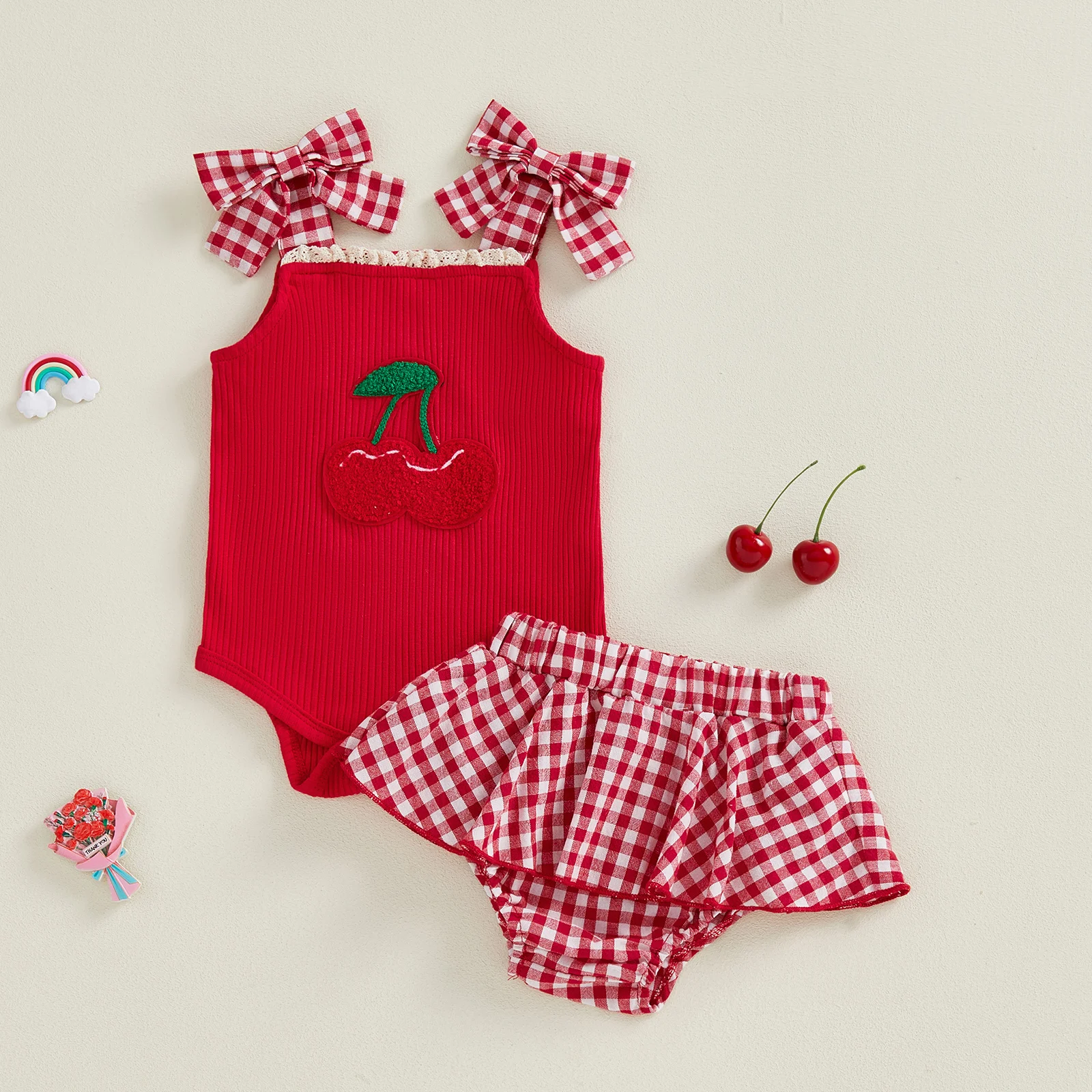 

Summer Infant Baby Girl Plaid 2Pcs Clothes Suit Toddler Cherry Embroidery Shoulder Sleeveless Romper A Line Skirt Infant Outfit