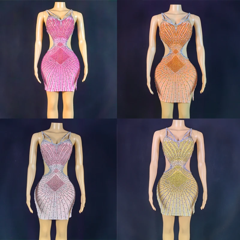 

4 Colors Women'S Party Birthday Celebrate Costume Sexy Translucent Rhinestones Dress Festival Outfit Evening Dresses XS6964