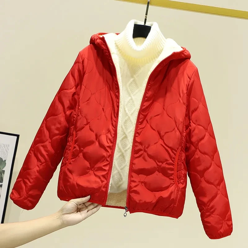 Lamb Wool Coat Cotton Jacket Women's Short 2023 New Female's Hooded Cotton Jacket Plus Velvet Light Autumn Winter Cotton Jacket