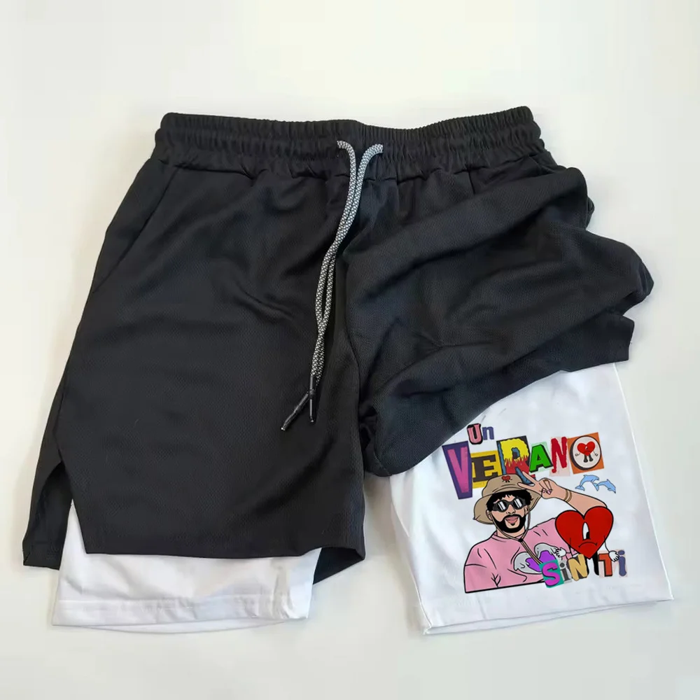 Shorts Deportivos Bad Bunny Sapo Concho Dtmf, Transpirables, para Fitness, Running, Gimnasio, 2 en 1, Doble Capa, Secado Rápido, con Bolsillos, para Hombre