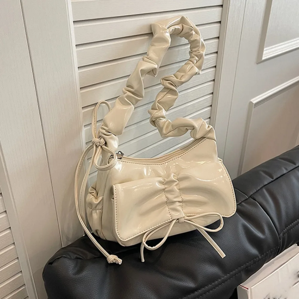 

French Style Bowknot Shoulder Bag Ruched Pu Leather Bow Underarm Bag Solid Color Korean Style Pleated Drawstring Bag Girls