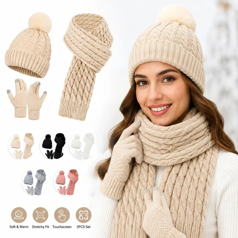 3Pcs/Set Warm Winter Hat Scarf Gloves Set Thicken Windproof Knit Beanie Snood Set Soft Elastic Scarf Neck Warmer Suit