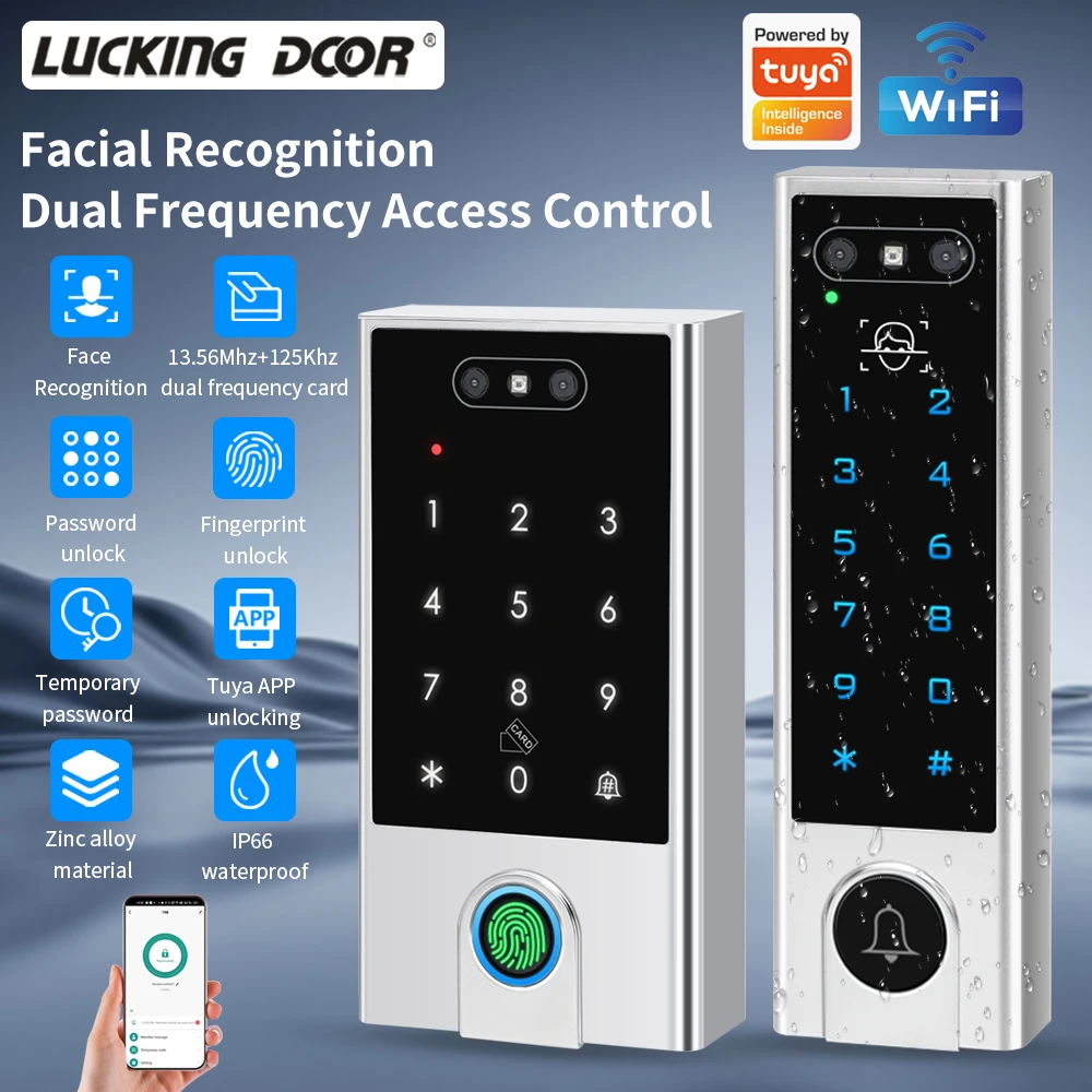 

Waterproof IP66 Support Tuya App WIFI Facial Recognition ID+IC Password Fingerprint Dual Frequency With WG 24 36 Access Control
