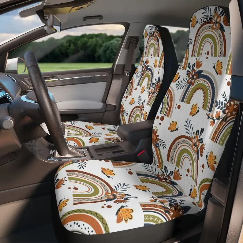 

Boho rainbow rust green and orange car seat covers, retro car seat covers