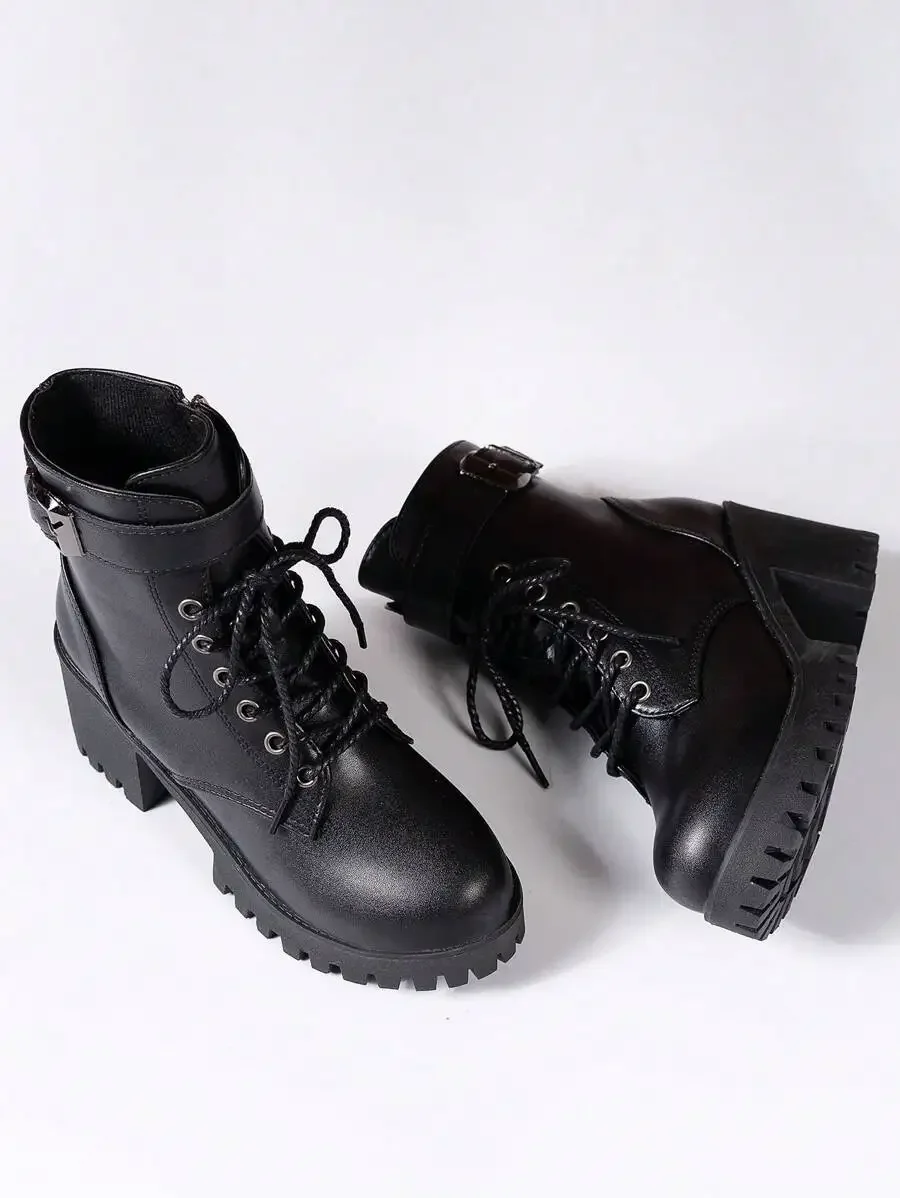 

Women Lace-Up Platform Ankle Boots With Side Zipper Thick Heel Motorcycle Style