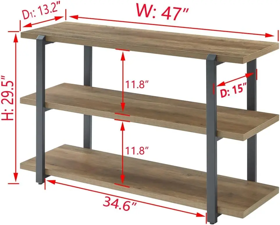 Industrial Console Sofa Table, Rustic Entryway/Hallway Table with 3-Tier Open Shelf for Living Room, Oak