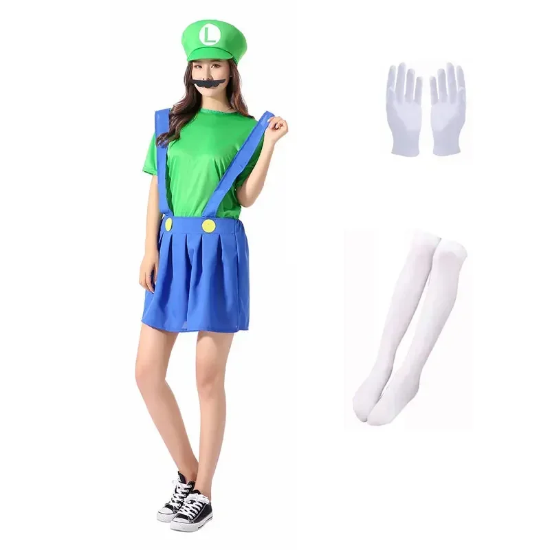 Sn88 girls Women super brother jumpsuit plumber cosplay boys kids adult Luigi costume dress hat beard gloves socks Hallowee * #2