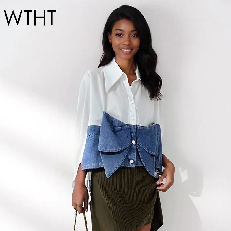 

WTHT новая модная женская лоскутная джинсовая рубашка с бантами, дизайнерская рубашка, осень 2021, модная свободная блузка с лацканами, женская 1LS2486