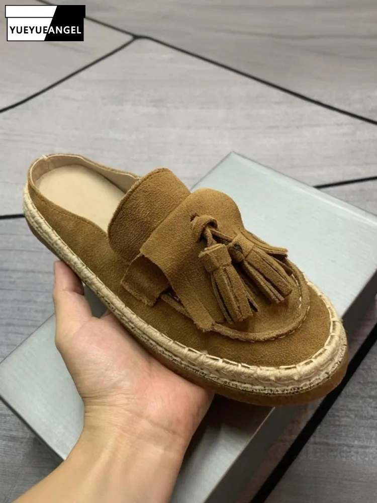 

Women Vintage Fishermans Slippers Outside Straw Weaving Platform Mules Shoes Tassel Round Toe Solid Color Casual Suede Slides
