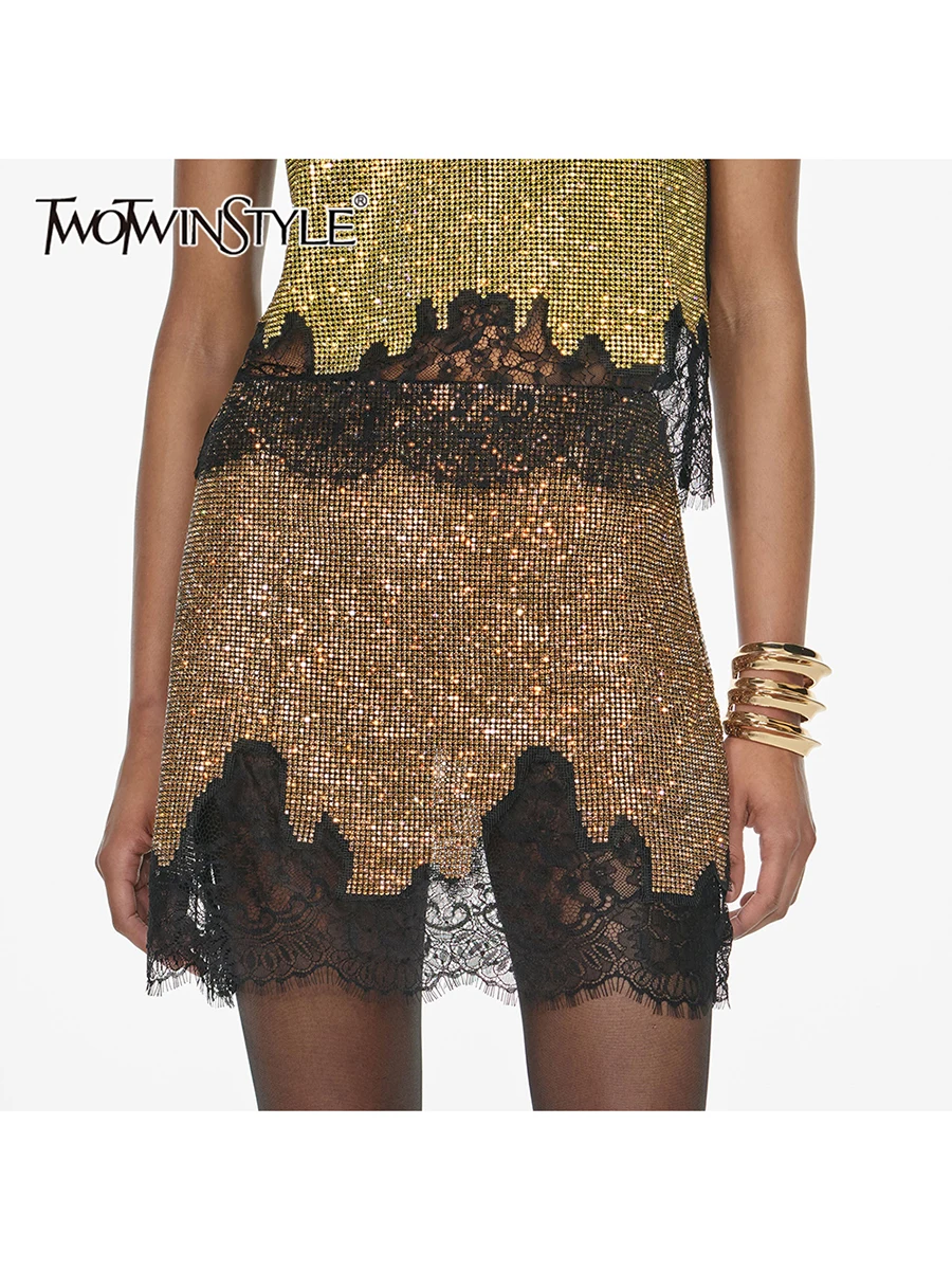 

TWOTWINSTYLE Hit Color Slimming Spliced Hot Fix Fashion Skirts for Women High Waist Sheer Patchwork Lace Elegant Skirt Female