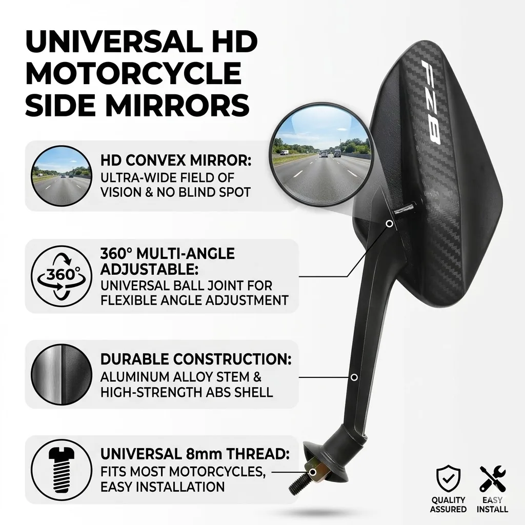 1 Par Modificado 360 °   Espejos retrovisores laterales plegables para motocicleta, para YAMAHA FAZER FZ1/N FZ6 FZ8 FZ7 FZ16 FZ25 Fazer FZ 1/S