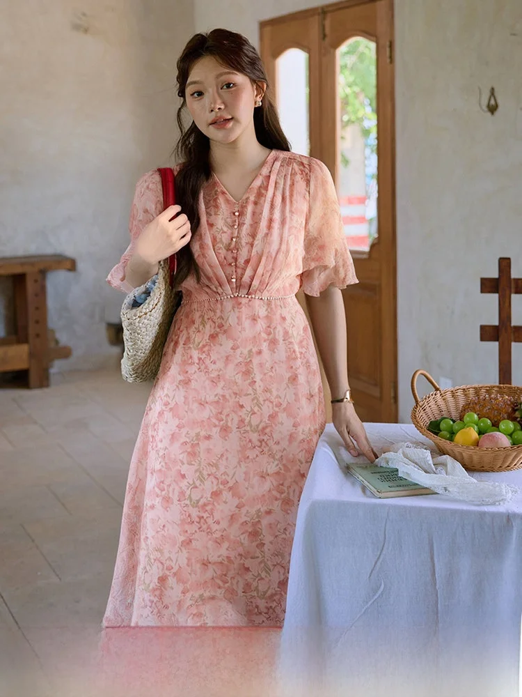 

Sweet Sle V-Ne Maxi Dr Women's plus Size Summer New Sle Slimming Waist Cinched Dr Commute Sle A-Line Skirt