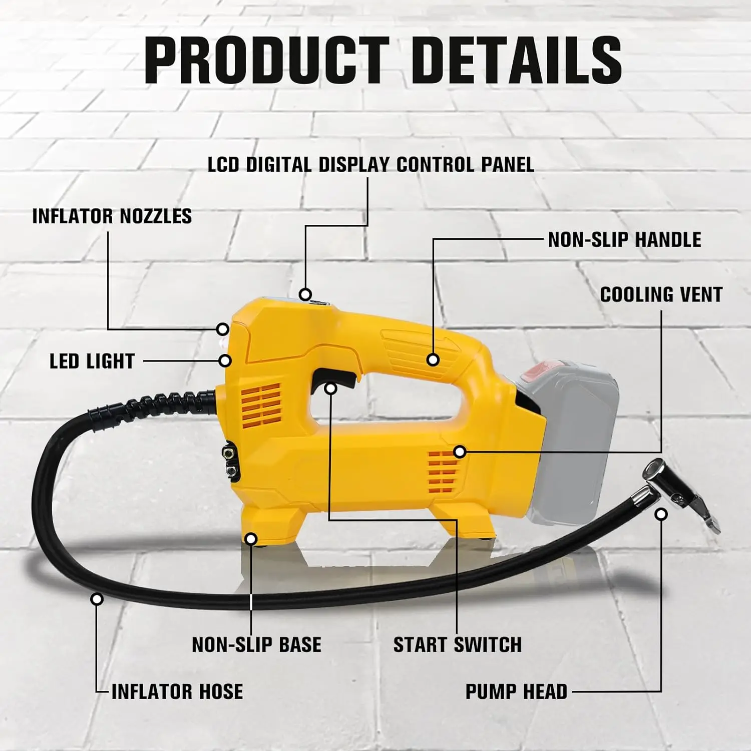 Imagem -02 - Bomba de ar Portátil com Luz Led Ferramenta Elétrica para Manômetro Digital Bateria Li-ion sem Fio Dewalt Milwaukee Makita 60w