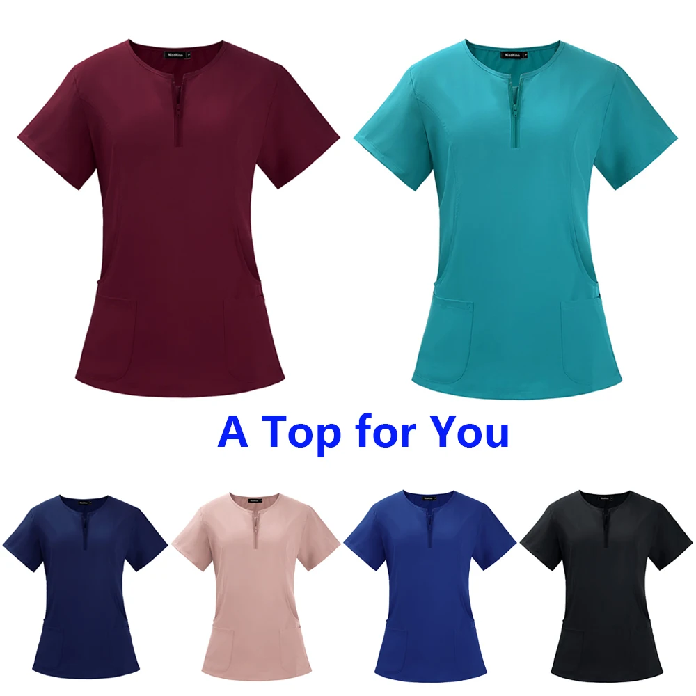 Womens Working Scrub Tops Scrubs for Women Sweetheart Round-Neck Scrub Top With Zipper