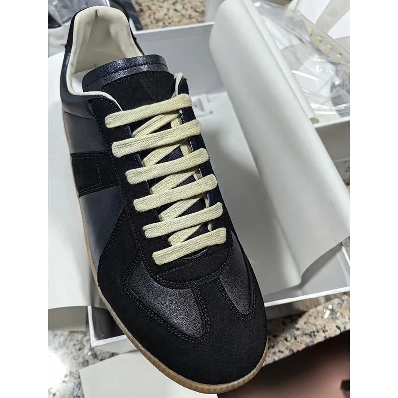Unisex Black Patchwork Suede Leather German Army Trainer Sneakers Vintage Low Top Lace Up Flat Gum Sole Casual Walking Shoes image 2