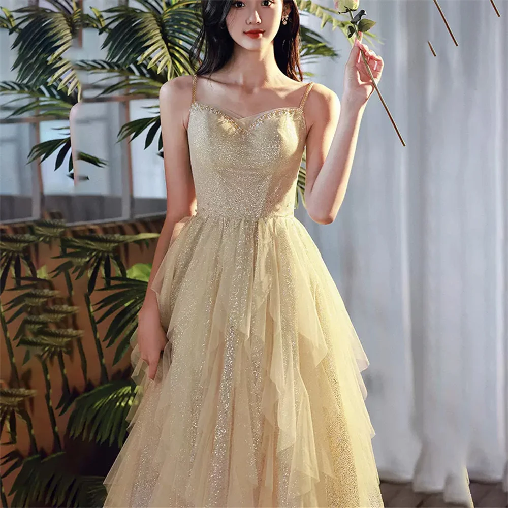 

Lily Yellow Spaghetti Strap Long Party Dress Lace Up Back Vintage Night Dress Tiered Layer Celebrity Dresses vestidos de fiesta