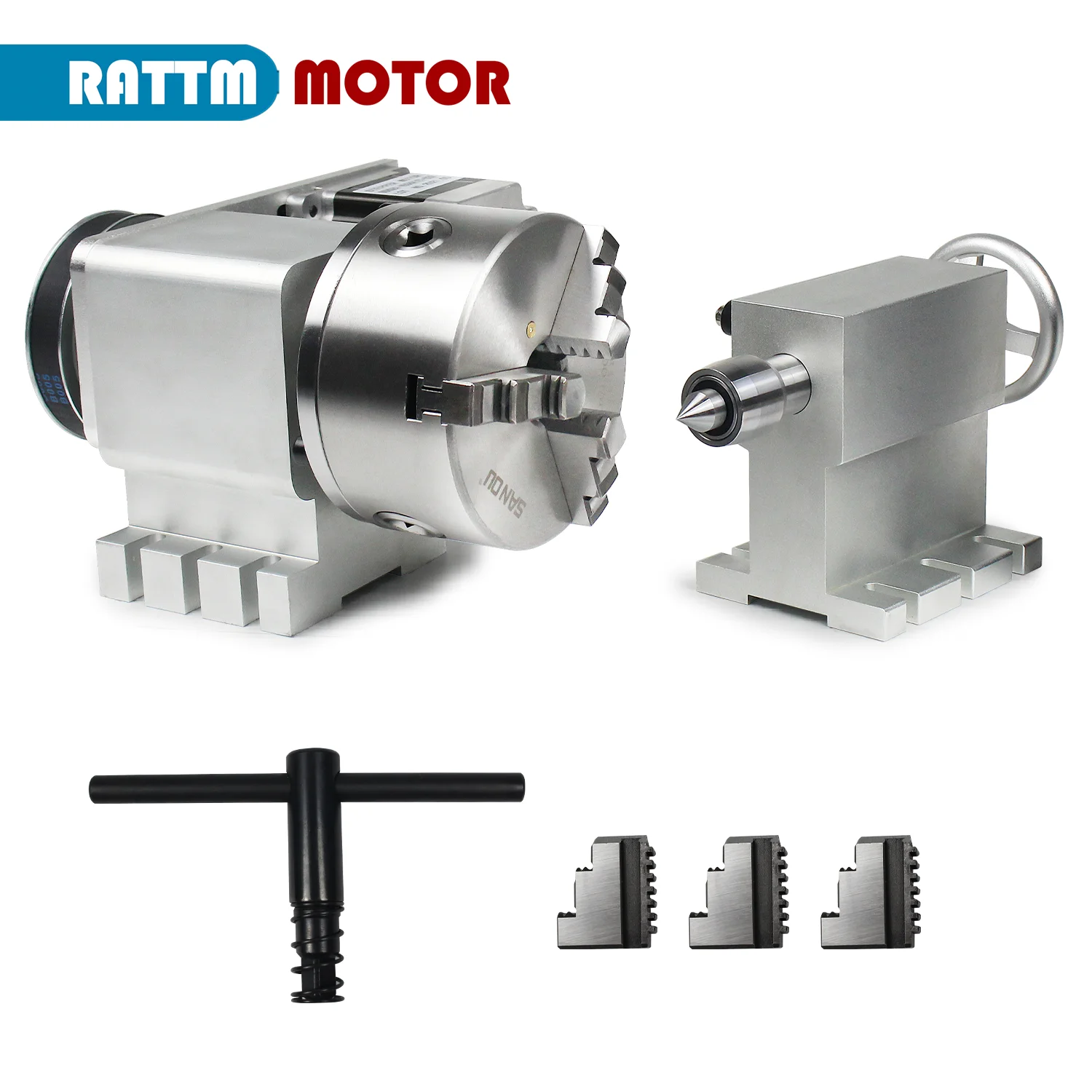 Fourth Axis Rotation Axis 4:1 3/4 Jaw K11/K12-130mm Chuck&Nema34 Stepper Motor&MT2 Tail Stock&Motor Driver CNC Router Machine
