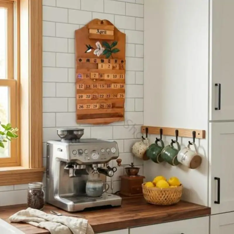 96BA Dauerhafter Wandkalender aus Holz mit anpassbaren Datums- und Monatsblöcken für den Schreibtisch – Detail 2