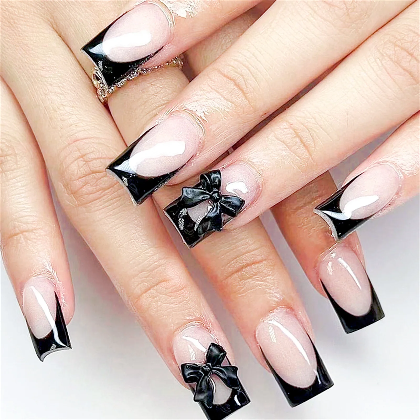 24pcs Black Edge Super Long French False Nail Acrylic Ballerina Fake Nails Press On Nails Square Nail Tips Professional Nail Art