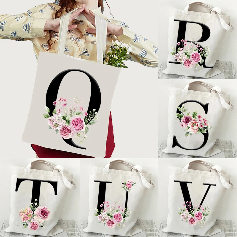 

Fashion Vintage Flower 26 Letters Canvas Tote Bag Women Reuseable Shopping Bags Rose Alphabet Grocery Shoulder Bags For Student