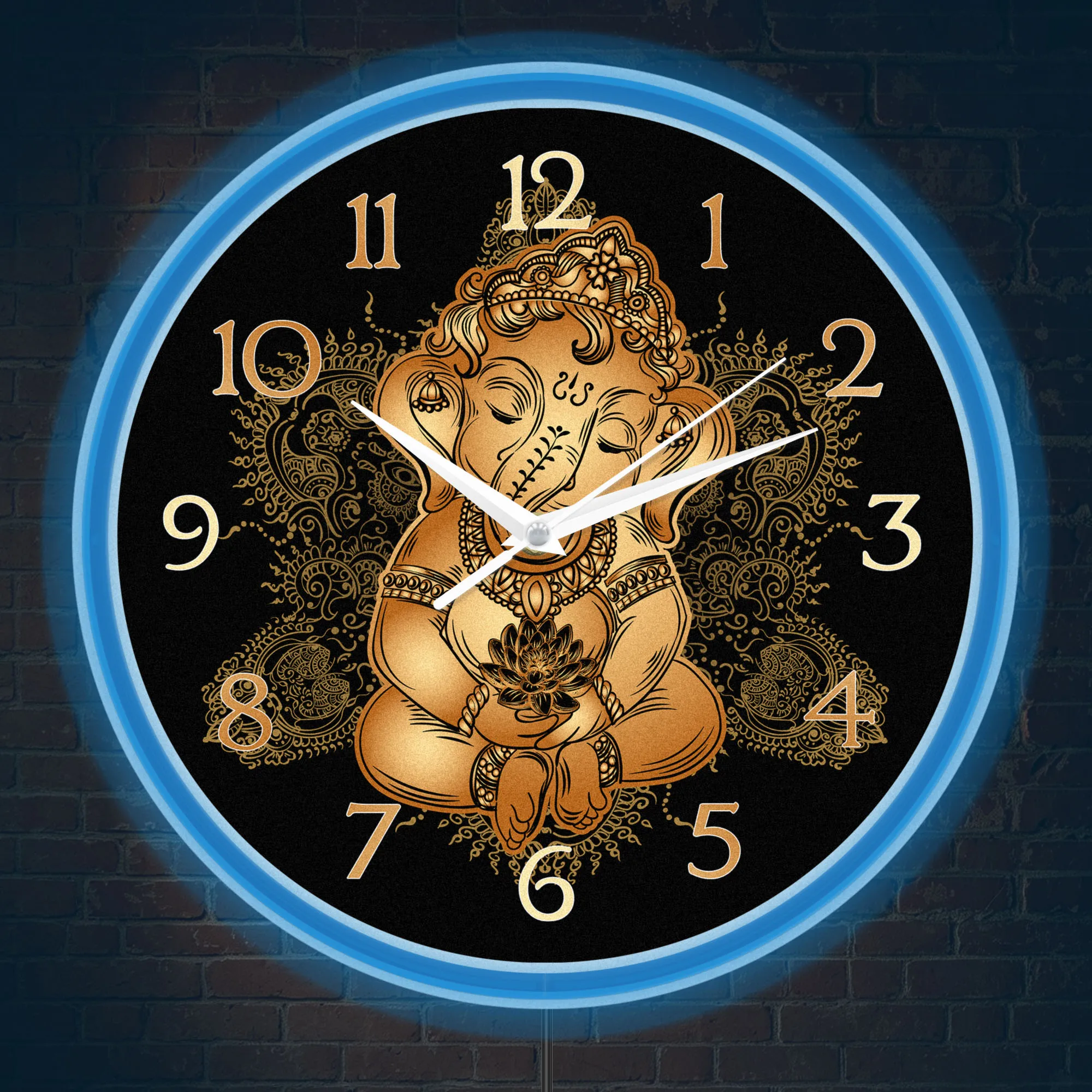 Golden Baby Ganesha Ornate Henna Meditation Pose Wall Clock for Meditation Room Yoga Studio Hindu LED Neon Light Up Wall Clock