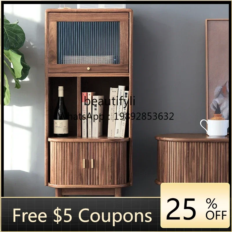 

FF North America Black Walnut Shutter Bookcase Simple Floor Changhong Display Cabinet Made of Glass Locker