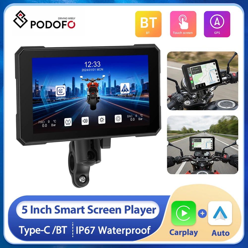 Podofo 5.0 inch Wireless CarPlay Moto Android Auto Portable Digital Motorcycle Smart Player IP67 Waterproof