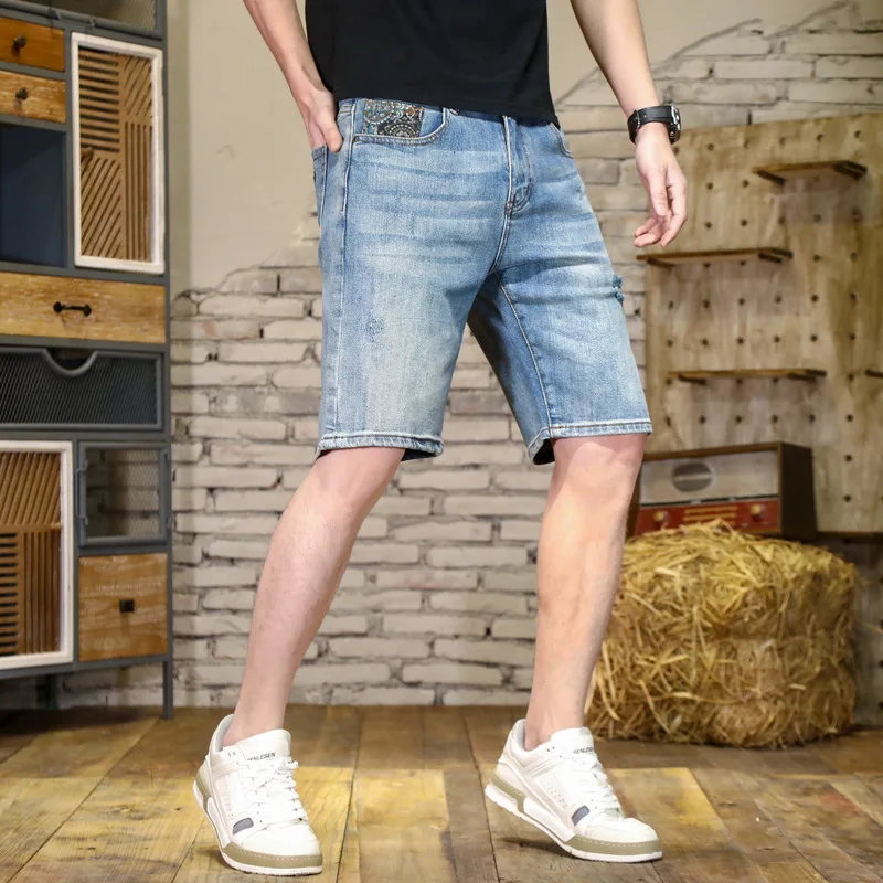 Calção jeans de Paisley masculina, calça cortada costurando, estampa de personalidade elástica, moda casual, verão, 2024