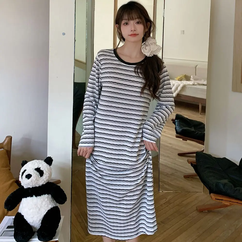 

2025 Autumn Long Sleeve Casual Striped Cotton Nightgowns for Women Korean Sleepwear Night Dress Nightdress Ladies Home Nighty